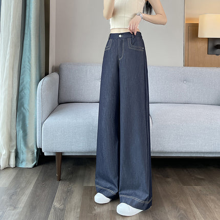 Denim Blue Wide-Leg Jeans for Women 2026 New High-Waisted Petite Height-Enhancing Loose Drapey Floor-Length Straight Pants