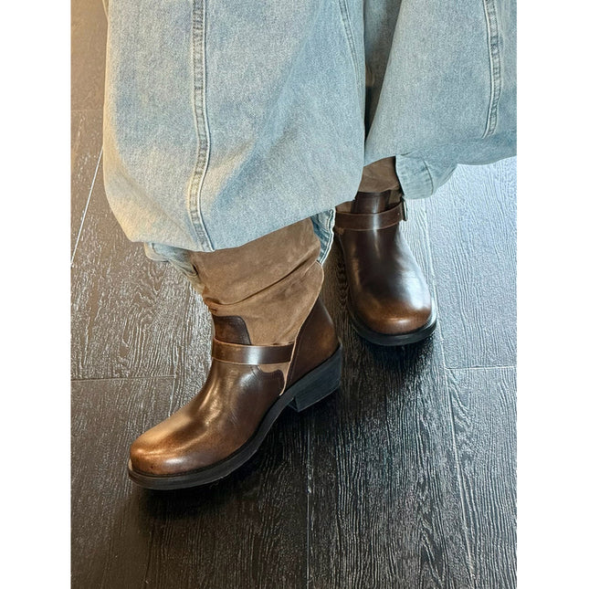 Vintage Distressed Fashion Boots for Women 2025 New Color-Polished Chunky Heel Platform Knee-High Boots with Belt Buckle