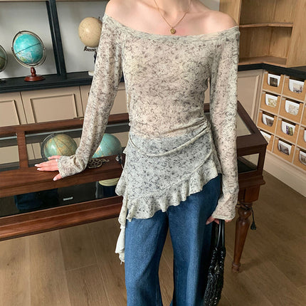 Smudged One-Line Collar Long-Sleeved Lace Asymmetrical T-Shirt for Women Early Autumn New High-End Elegant Slim Long-Sleeved Shirt