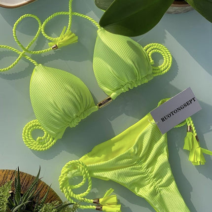 European and American 2025 Spot New Fashion Split Pure Color Bikini Bikini Swimsuit Sexy Lace-Up Halter Swimsuit