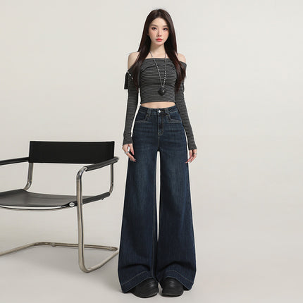 Raccoon House # Vintage Washed Blue Jeans for Women Fashion European and American Style High Waist Loose Flared Floor-Length Wide-Leg Pants