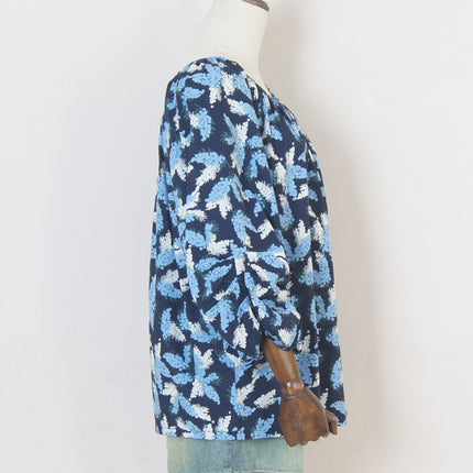 Off-shoulder French floral top women's washed cotton loose sweet off-shoulder holiday Women's cropped lantern sleeve shirt
