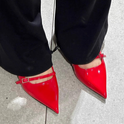 Red Patent Leather Cat Heel Toe-Back Sandals Summer New Pointed Toe Buckle High-End Sexy Sandals