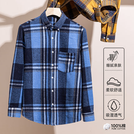 New Spring and Summer Pure Cotton Men's Shirts, Brushed Plaid Long-Sleeved Casual Shirts, Slim Fit, Fashionable and Versatile Tops Wholesale