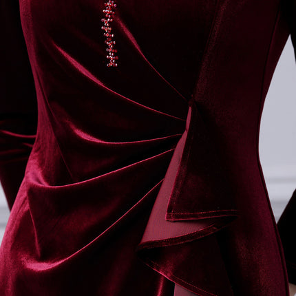Zhili Lady Brand Women's Noble Elegant Stereo Cutting Pleated Waist Spring & Fall Bottoming Velvet Dress