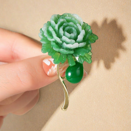 European and American Cross-Border Supply Green Peony Flower High-End Elegant Corsage New Chinese Style Anti-Exposure Clothing Fixing Pin for Women