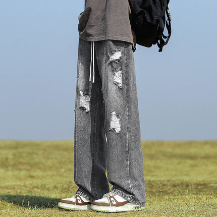 Ripped Jeans Men's Summer Thin Trendy Brand Loose Straight Pants American High Street Yellow Mud Washed Wide Leg Pants for Men