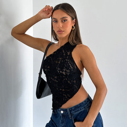M23Tp740 European and American Clothing 2024 Amazon New Pure Color Exposed Waist Asymmetric Slope Collar Top Cross-Border Wholesale