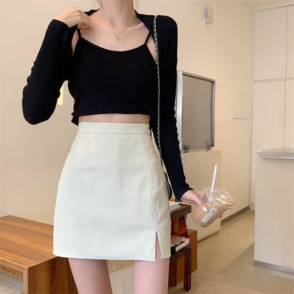 Slightly Chubby Women's High-Waisted Slimming Slit Skirt, Black Bodycon Skirt for Pear-Shaped Figure
