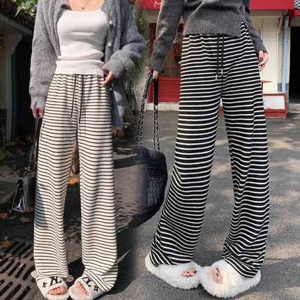 Maternity fleece-lined Black and White Striped Towel Velvet Wide Leg Pants Autumn and Winter New Loose Drawstring Sports Pants Casual Pants