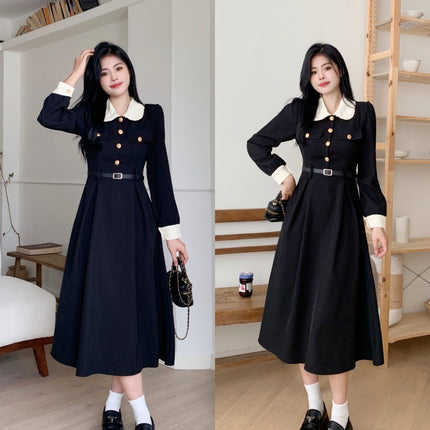 Plus size Hepburn holiday niche temperament slimming French lapel black dress tight waist color matching retro dress women