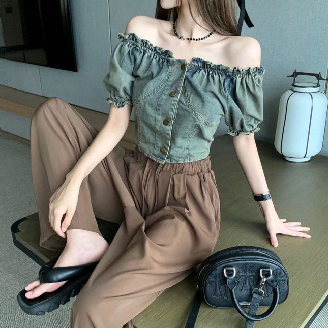 French Retro Denim Short Shoulder Shirt + High Waist Slimming Cold Draped Casual Pants Set