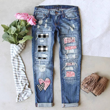 Cross-Border Amazon Hot-Selling European and American Women's Ripped Printed Patch Jeans Mid-Waist Straight Pants in Stock