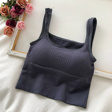Summer Crop Top Women Seamless Square Collar Wide Straps Tank Top Knitted Striped Camisole Solid Corset Top Female