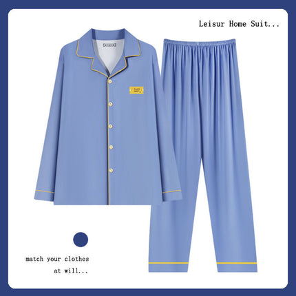 High-End Men's Pajamas Spring and Autum New Pure Color Long-Sleeved Pants Scandinavian Style Imitation Cotton Home Wear Set