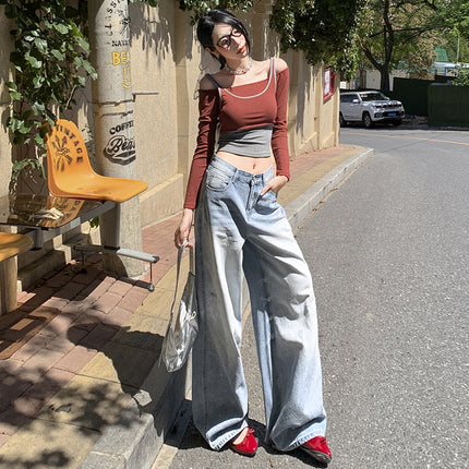 Street wash rundown wind light color scratch retro ground white wide leg jeans women 2025 new mop pants