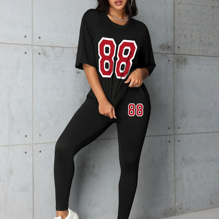 Fashion Versatile Digital Printing Casual Spring and Summer Short Sleeve Casual Loose Lightweight Breathable Leggings Set