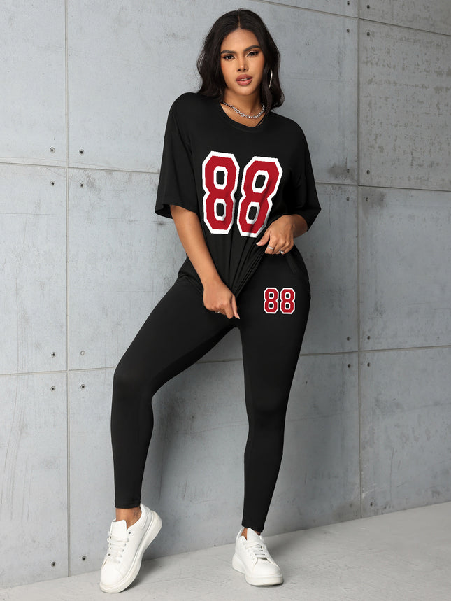 Fashion Versatile Digital Printing Casual Spring and Summer Short Sleeve Casual Loose Lightweight Breathable Leggings Set