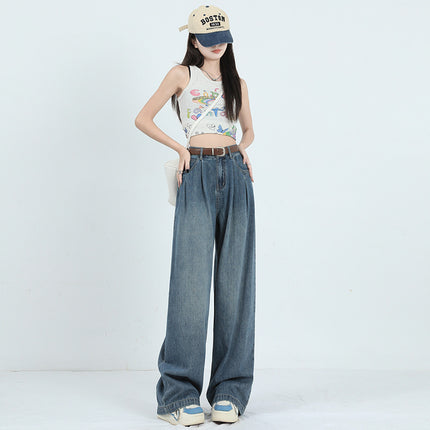 Dark Blue Wide-Leg Jeans for Women 2023 Summer New High-Waisted Straight-Leg Loose Draped Pleated Floor-Length Pants for Tall People
