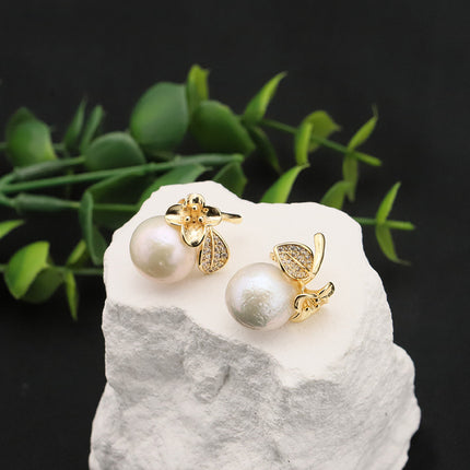 Natural freshwater pearl earrings micro inlaid white zircon flower white pearl earrings light luxury handmade earrings wholesale women