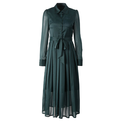 Star with 2024 early autumn women's lapel long sleeve dark green buckle waist long temperament socialite dress