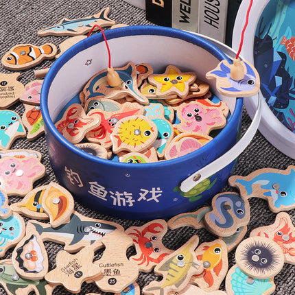 Magnetic Wooden Barrel Marine Fishing Toy Children's Early Education Educational Cognitive Fun Boys and Girls Parent-Child Games