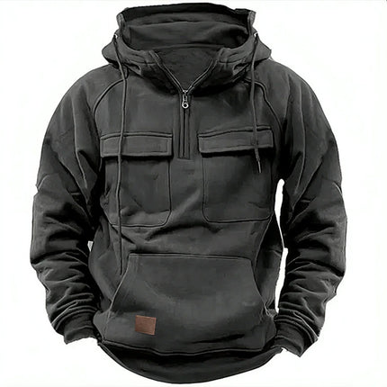 Cross-Border Men's Half-Zip Hooded Sweatshirt, Retro Workwear with Multiple Flap Pocket Pantss, Loose Casual Pullover Hoodie
