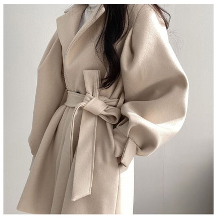New Korean Style Autumn and Winter Wear Strap Elegant Small Women's Dress Collar Hepburn Style Mid-length Woolen Women's Coat Jacket