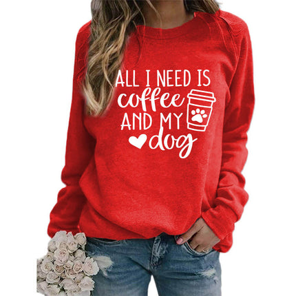 Foreign trade supply all I need is coffee printed crew neck top sweater European size ladies coat long sleeve