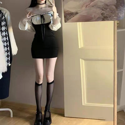Autumn and winter hot girl fake two-piece dress women's new French long-sleeved high-grade waist slim hip short skirt