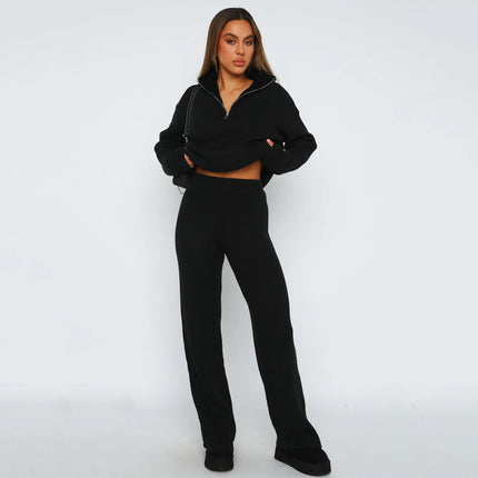 European and American Cross-Border 2026 Autumn and Winter Hot-Selling New Product Two-Piece Casual and Comfortable Lapel Long-Sleeved Sweater Knit Set