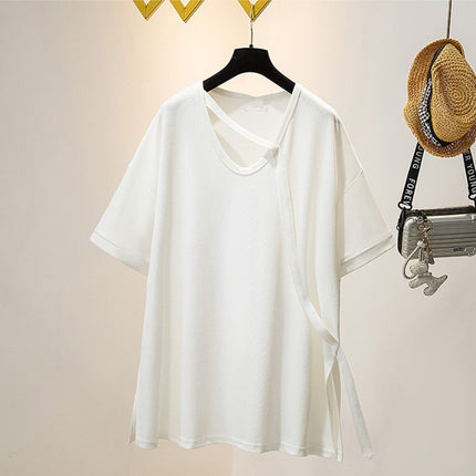 Niche Design Sense Mid-length Short-sleeved T-shirt 2024 Summer chubby girl plus size Women's Loose Slimming All-match Solid Color Top