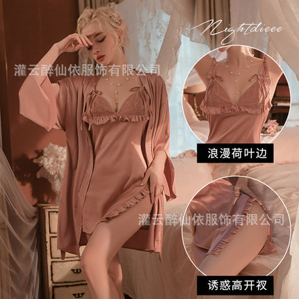 Pure Desire Nightgown Set Women's 2023 New Spring and Summer Sexy Silk Sling Side High Split Set Women's 1935