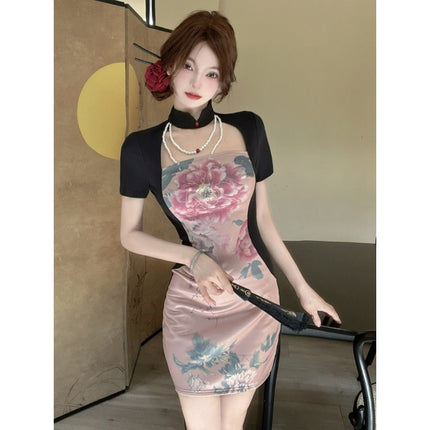 New Chinese Style Improved Collar Cheongsam dress 2024 Summer New National Style Waist Tight Elegant Hip Pencil Skirt for Women