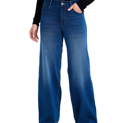 Spring and Summer New Style Fleece-Lined Thickened Warm Denim Wide-Leg Pants for Women, High-Waisted Slimming Pocketed Distressed Casual Pants