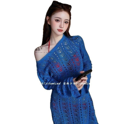 Pure Desire Sexy Spice Girl Red White Bikini Three-Piece Blue Knitted Blouse High-Level Photo Swimsuit