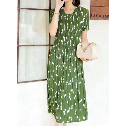 Miyake pleated 2025 summer new temperament round neck printed pleated skirt fashion waist thin magic dress
