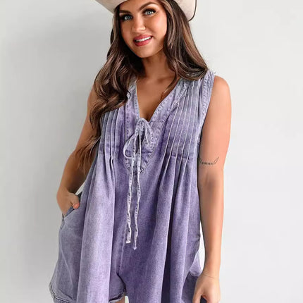 2025 European and American Cross-Border Summer New Products: Street Fashion Sleeveless Short-Sleeve Denim Jumpsuit 9025