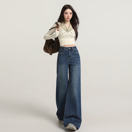 Raccoon House # Vintage Washed Blue Jeans for Women Fashion European and American Style High Waist Loose Flared Floor-Length Wide-Leg Pants