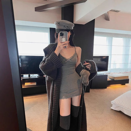 Ram Cotton Pure Desire Sexy Tight Sling dress Women's Super Figure Skirt Grey Slim-fit Waisted Hip Skirt