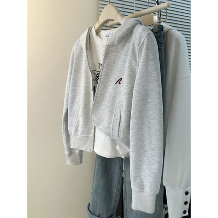 Autumn and Winter New High Waist Embroidered Short Top Double Head Zipper Casual Hooded Sweater Cardigan Small Women's Coat