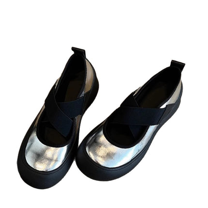 2026 Summer New Style Black Flat Leather Shoes Thick-Soled Retro Style Round-Toe Cross-Strap Mary Jane Shoes for Women