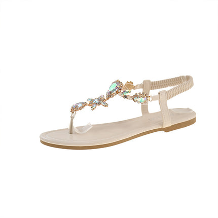 2025 summer latest flat plus size sandals women's foreign trade fashion flower rhinestone elastic band casual clip toe sandals