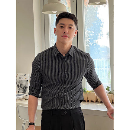Spring and Autumn Korean Style High-end Sense Light Mature Style Light Business Casual Shirt Men's Slim-fit Hidden Button Long-sleeved Striped Shirt