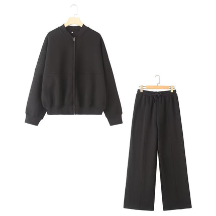 Zipper Bomber Jacket Coat Sweatshirt 3399802 Loose High Waist Fleece Pants 319980 Set Cotton