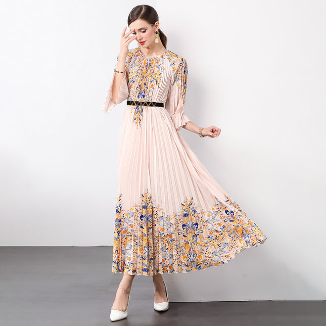 Cross-border 2024 new socialite pleated waist printed fashion large skirt organ pleated dress
