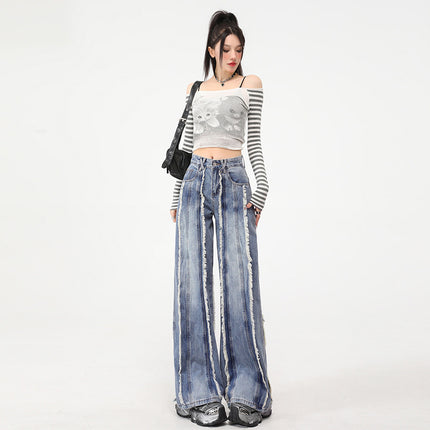 High Street Heavy Industry Stitching Design Stereo Wide Leg Jeans Women's 2025 Spring High Waist Slimming Pants