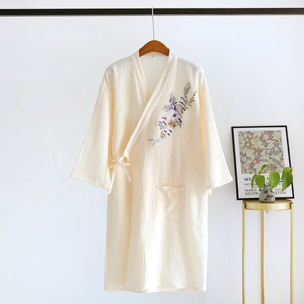 Pure Cotton Double-layer Gauze Embroidered Nightgown Women's Spring and Summer Thin Cotton Crepe Mid-length Kimono Bathrobe Sweatshirt