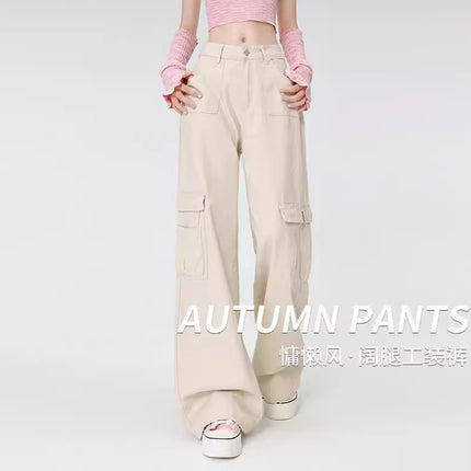 Loose Casual Overalls Women's New Design Sense High Waist Slimming Pocket Workwear Wide Leg American Style Retro Mop Pants