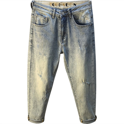 Ripped Jeans Men's Summer Trend Light Blue Stretch Pants 2025 New Handsome Casual Pants for Men